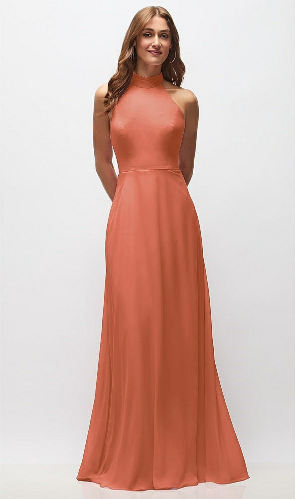 Front View - Terracotta Copper High Neck Halter Backless Maxi Dress