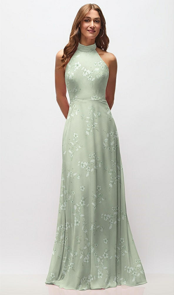 Front View - Vintage Primrose Sage High Neck Halter Backless Maxi Dress