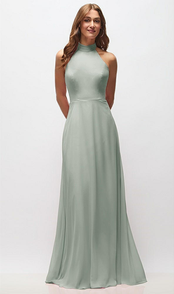 Front View - Willow Green High Neck Halter Backless Maxi Dress