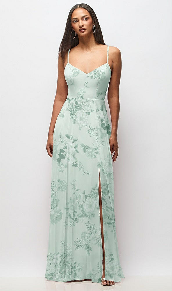 Front View - Mint Green Floral Tie-Back Cutout Maxi Dress with Front Slit
