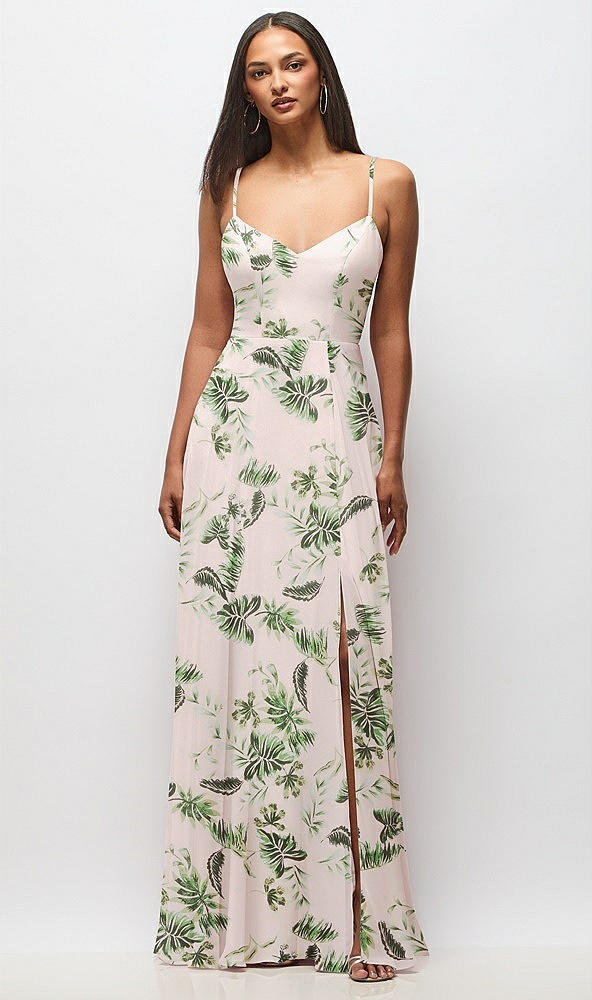 Front View - Palm Beach Print Tie-Back Cutout Maxi Dress with Front Slit