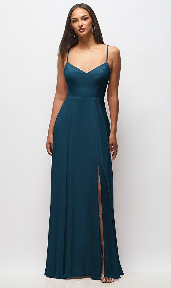 Front View - Atlantic Blue Tie-Back Cutout Maxi Dress with Front Slit