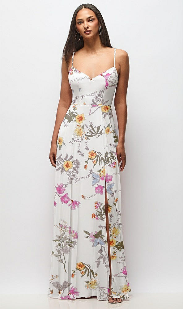 Front View - Butterfly Botanica Ivory Tie-Back Cutout Maxi Dress with Front Slit