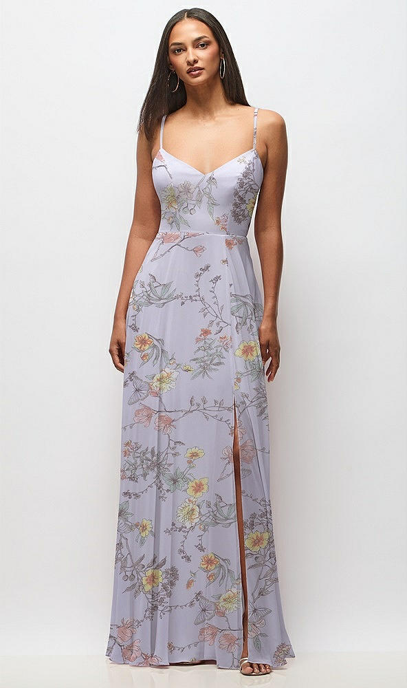 Front View - Butterfly Botanica Silver Dove Tie-Back Cutout Maxi Dress with Front Slit