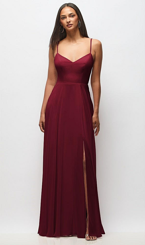 Front View - Burgundy Tie-Back Cutout Maxi Dress with Front Slit
