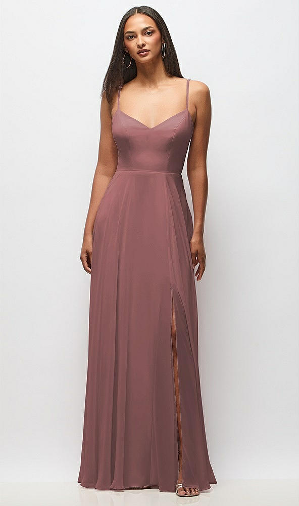 Front View - Rosewood Tie-Back Cutout Maxi Dress with Front Slit