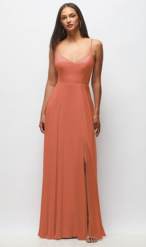 Front View - Terracotta Copper Tie-Back Cutout Maxi Dress with Front Slit