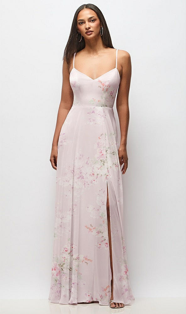 Front View - Watercolor Print Tie-Back Cutout Maxi Dress with Front Slit