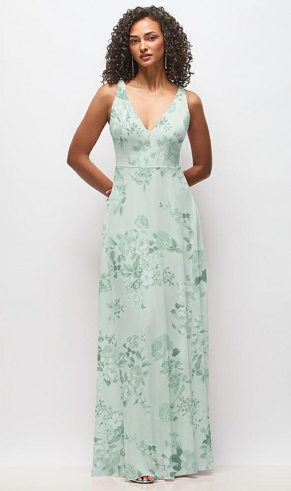 Front View - Mint Green Floral Deep V-Neck Chiffon Maxi Dress