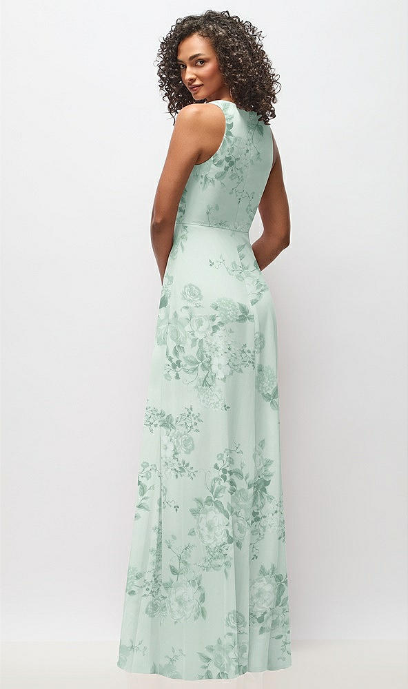 Back View - Mint Green Floral Deep V-Neck Chiffon Maxi Dress