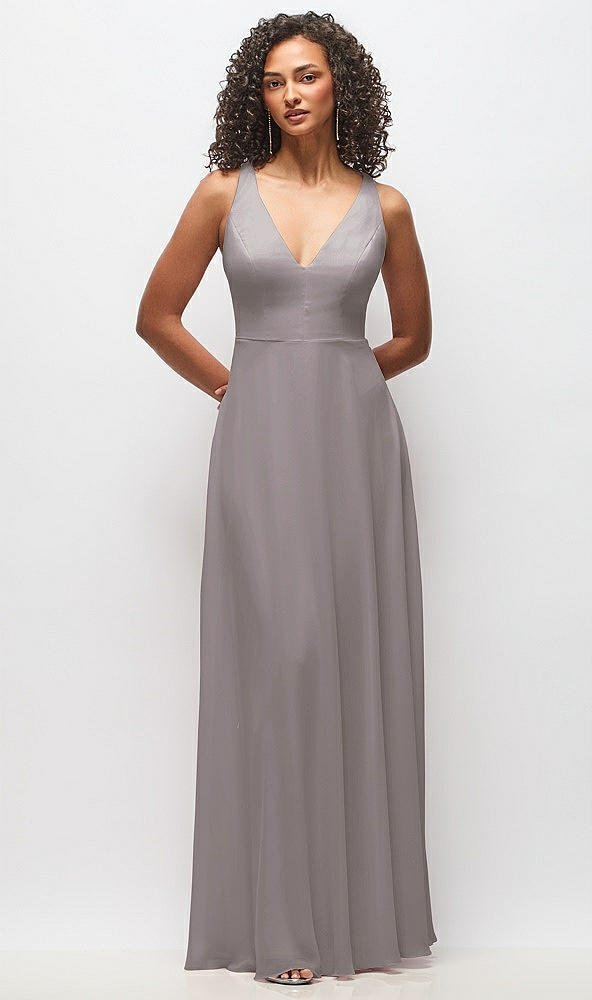 Front View - Cashmere Gray Deep V-Neck Chiffon Maxi Dress