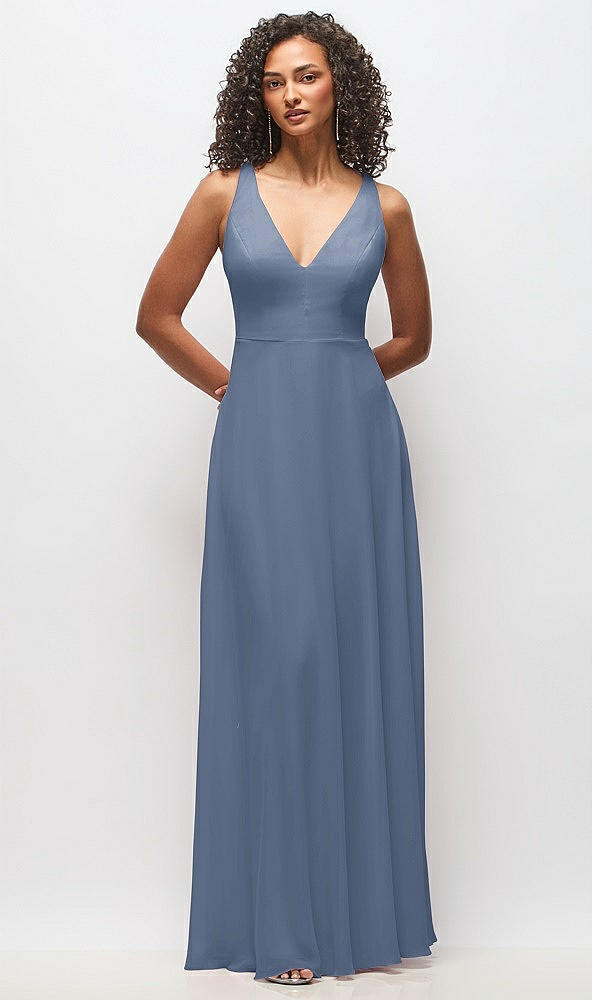 Front View - Larkspur Blue Deep V-Neck Chiffon Maxi Dress
