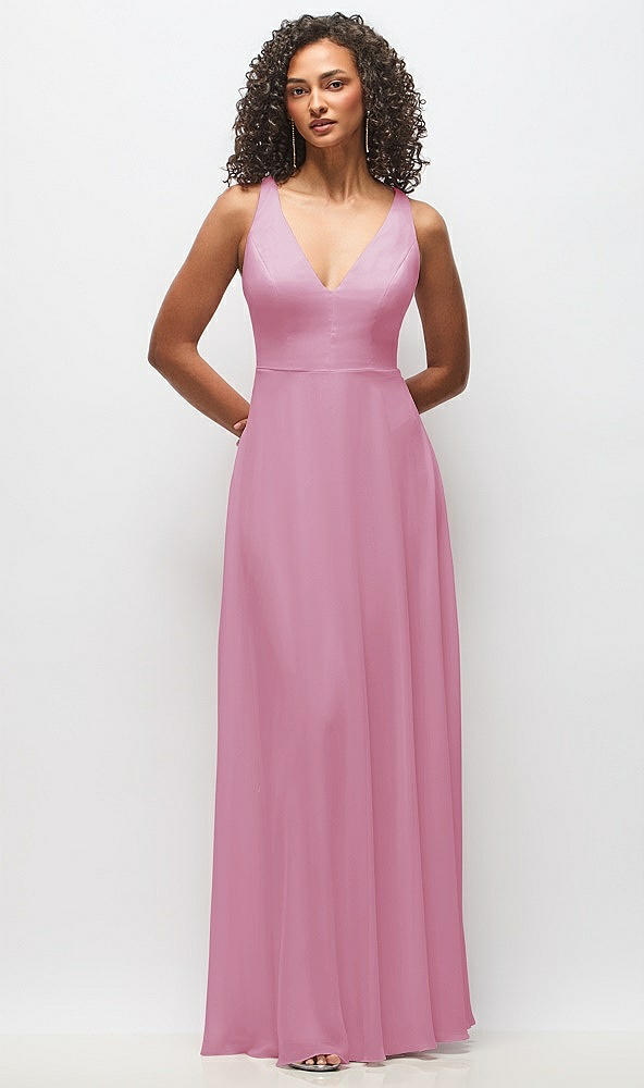 Front View - Powder Pink Deep V-Neck Chiffon Maxi Dress