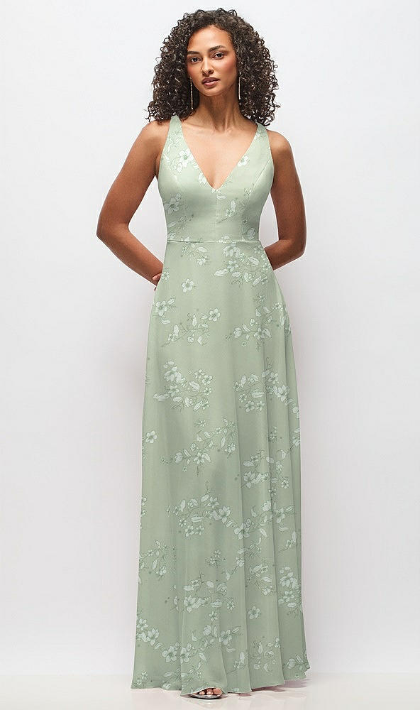 Front View - Vintage Primrose Sage Deep V-Neck Chiffon Maxi Dress