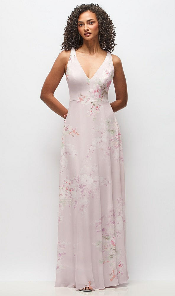 Front View - Watercolor Print Deep V-Neck Chiffon Maxi Dress