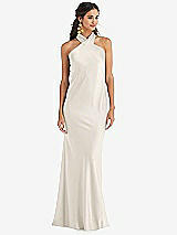 Front View Thumbnail - Ivory Draped Twist Halter Tie-Back Trumpet Gown