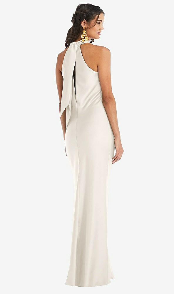 Back View - Ivory Draped Twist Halter Tie-Back Trumpet Gown