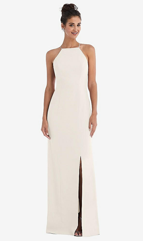 Front View - Ivory Open-Back High-Neck Halter Trumpet Gown