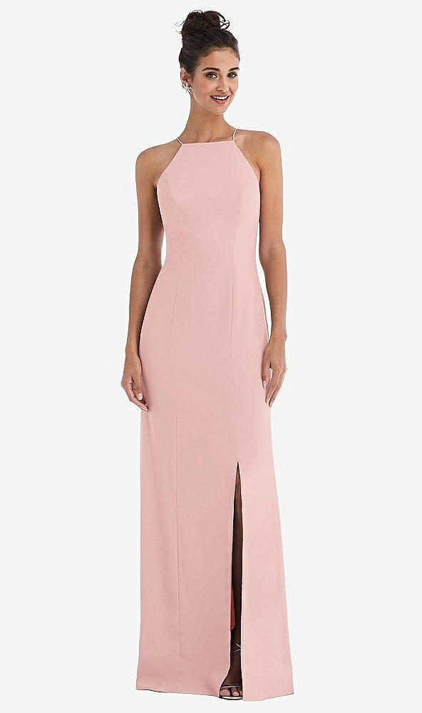 Front View - Rose Open-Back High-Neck Halter Trumpet Gown