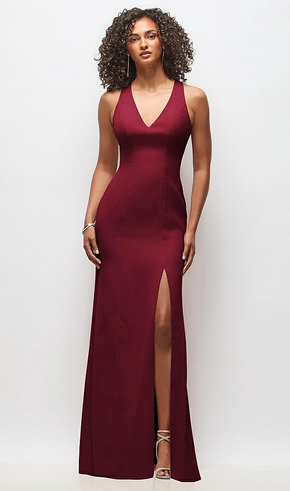 Front View - Burgundy Criss-Cross Cutout Back Maxi Dress with Front Slit