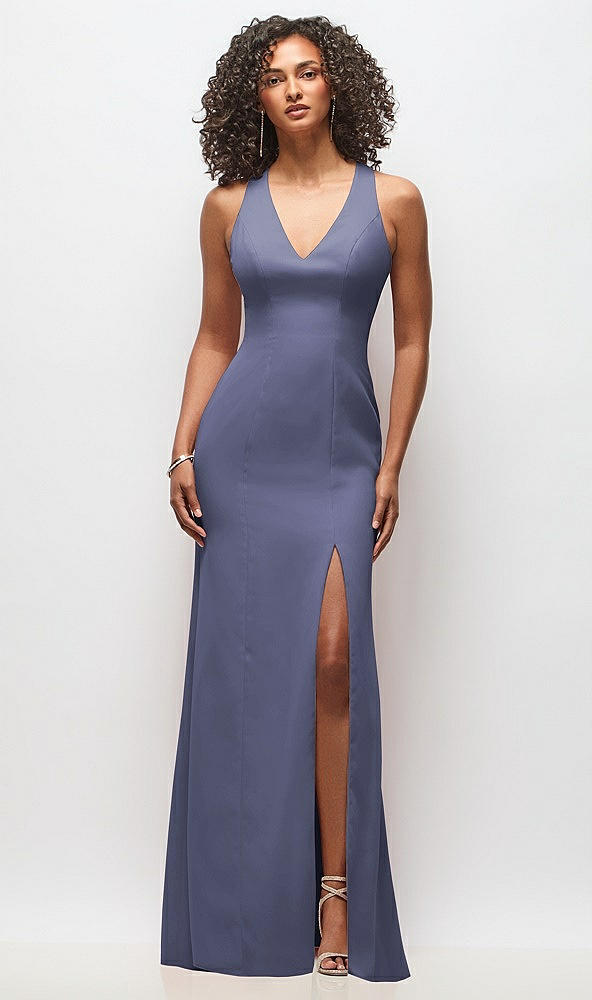 Front View - French Blue Criss-Cross Cutout Back Maxi Dress with Front Slit