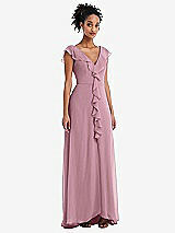 Front View Thumbnail - Dusty Pink Ruffle-Trimmed V-Back Chiffon Maxi Dress