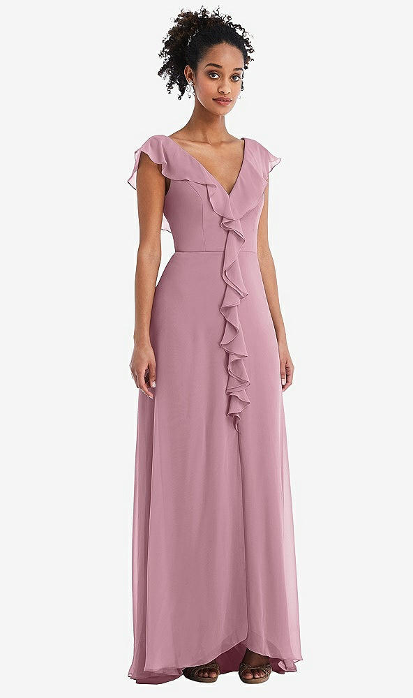 Front View - Dusty Pink Ruffle-Trimmed V-Back Chiffon Maxi Dress