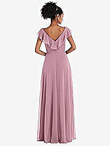 Rear View Thumbnail - Dusty Pink Ruffle-Trimmed V-Back Chiffon Maxi Dress