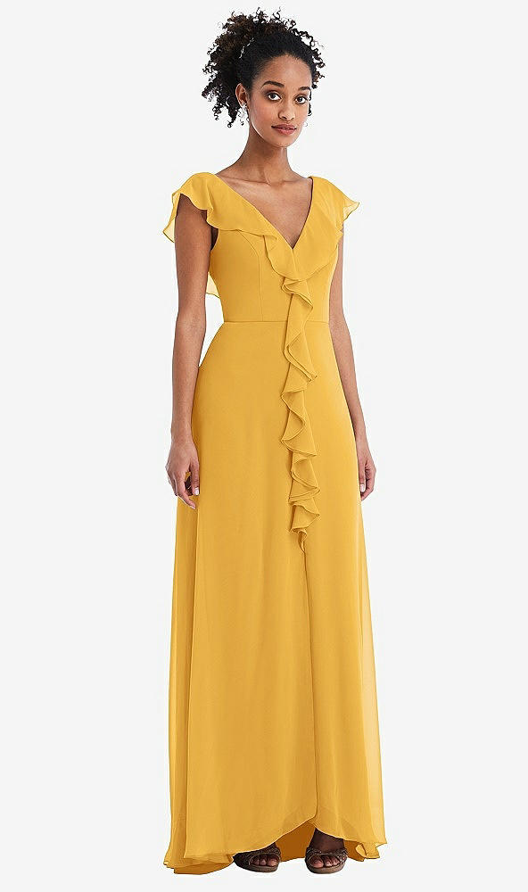 Front View - NYC Yellow Ruffle-Trimmed V-Back Chiffon Maxi Dress