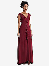 Front View Thumbnail - Burgundy Ruffle-Trimmed V-Back Chiffon Maxi Dress