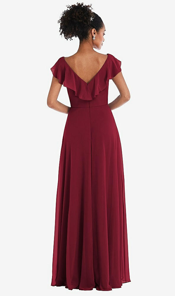 Back View - Burgundy Ruffle-Trimmed V-Back Chiffon Maxi Dress