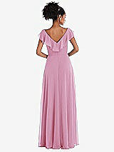 Rear View Thumbnail - Powder Pink Ruffle-Trimmed V-Back Chiffon Maxi Dress