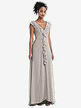 Front View Thumbnail - Taupe Ruffle-Trimmed V-Back Chiffon Maxi Dress