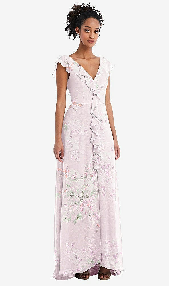 Front View - Watercolor Print Ruffle-Trimmed V-Back Chiffon Maxi Dress