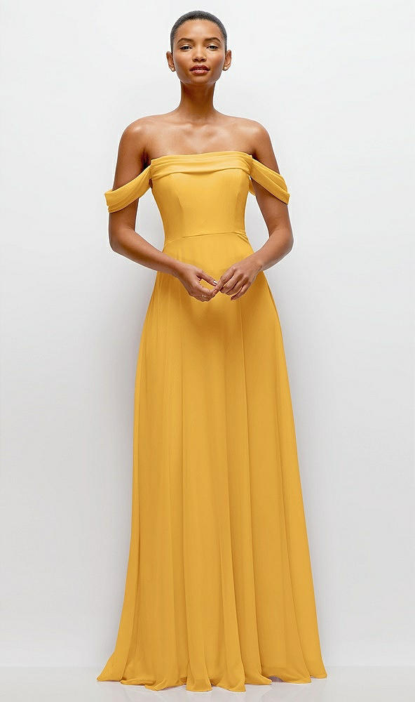 Front View - NYC Yellow Off-the-Shoulder Draped Neckline Maxi Dress