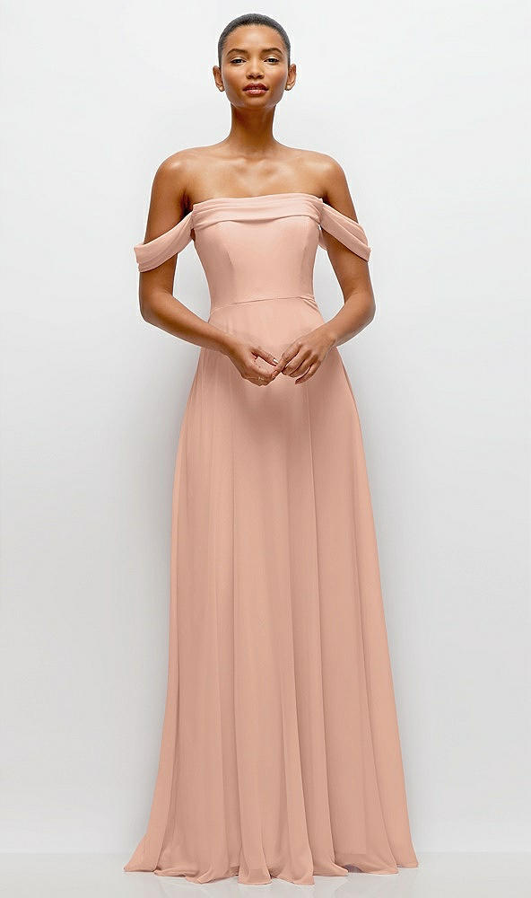 Front View - Pale Peach Off-the-Shoulder Draped Neckline Maxi Dress