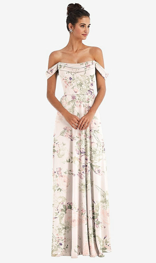 Front View - Blush Garden Off-the-Shoulder Draped Neckline Maxi Dress