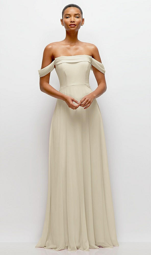 Front View - Champagne Off-the-Shoulder Draped Neckline Maxi Dress