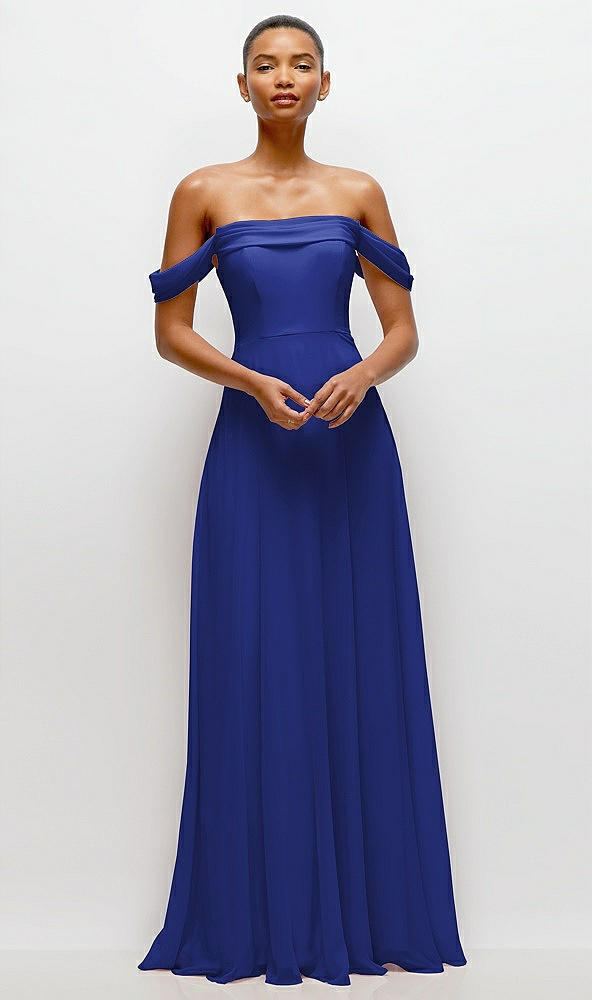 Front View - Cobalt Blue Off-the-Shoulder Draped Neckline Maxi Dress