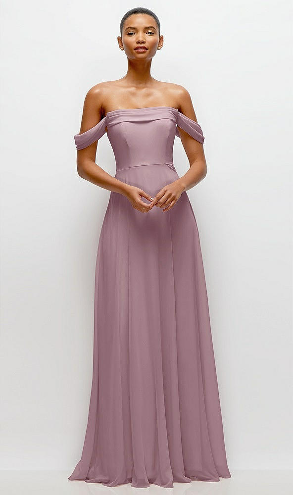 Front View - Dusty Rose Off-the-Shoulder Draped Neckline Maxi Dress