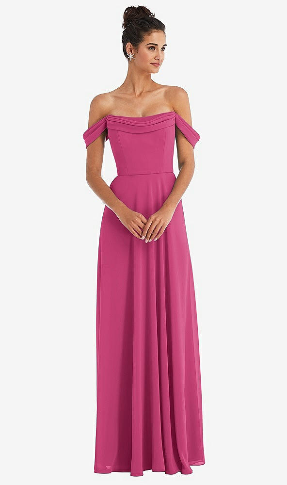 Front View - Tea Rose Off-the-Shoulder Draped Neckline Maxi Dress