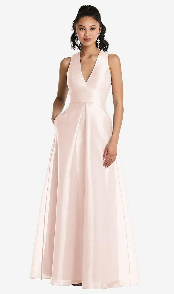 Front View - Blush Plunging Neckline Pleated Skirt Maxi Dress with Pockets