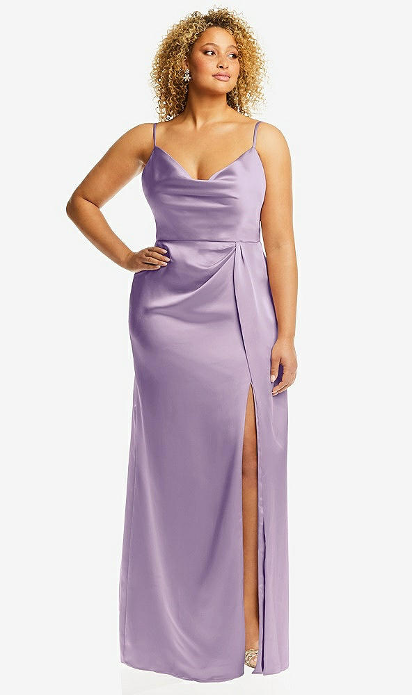Front View - Pale Purple Cowl-Neck Draped Wrap Maxi Dress with Front Slit