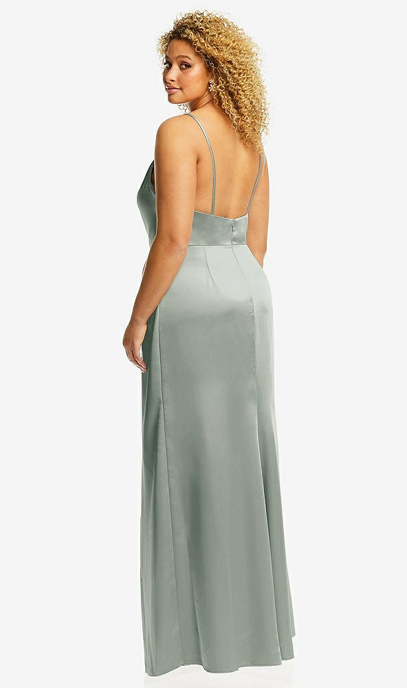 Back View - Willow Green Cowl-Neck Draped Wrap Maxi Dress with Front Slit