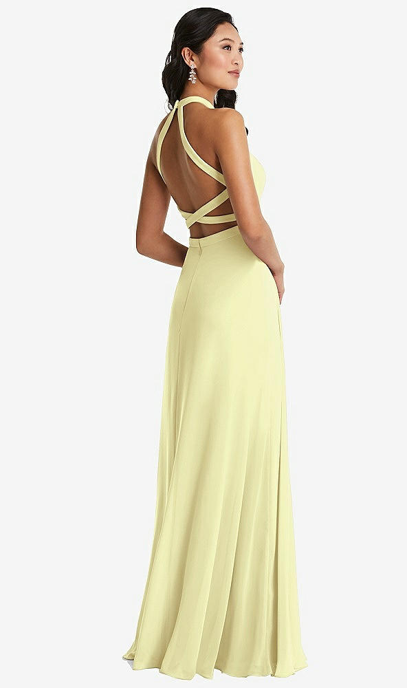 Front View - Butter Yellow Stand Collar Halter Maxi Dress with Criss Cross Open-Back