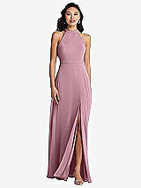 Rear View Thumbnail - Dusty Pink Stand Collar Halter Maxi Dress with Criss Cross Open-Back