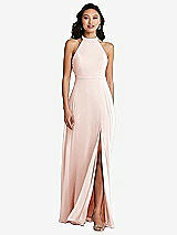 Rear View Thumbnail - Blush Stand Collar Halter Maxi Dress with Criss Cross Open-Back