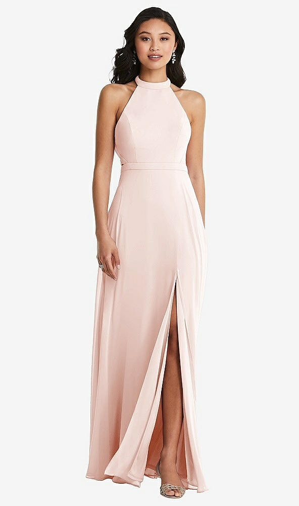 Back View - Blush Stand Collar Halter Maxi Dress with Criss Cross Open-Back