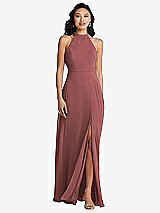 Rear View Thumbnail - English Rose Stand Collar Halter Maxi Dress with Criss Cross Open-Back