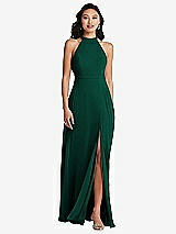 Rear View Thumbnail - Hunter Green Stand Collar Halter Maxi Dress with Criss Cross Open-Back